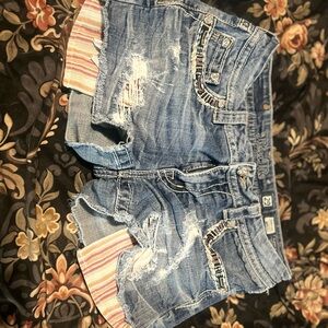 Miss Me Blue and Pink Jean Shorts with Distressing and Casual Fit
